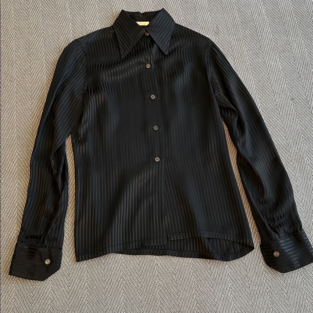 Vintage Black Striped Button-Up Shirt 100% Silk Italy Size Small